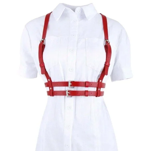 Women Plus Size Gothic Style Red PU Leather Sexy Harness Waist Belt - Picture 2 of 4